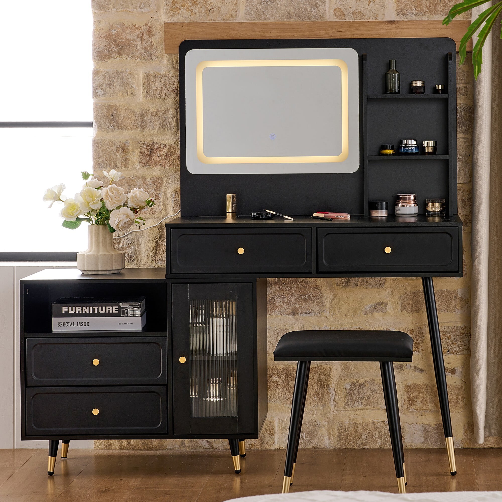 AENKYO Vanity Desk with LED Mirror, Built-in Outlets & Adjustable Cabinet, Modern Makeup Table with Stool, Black