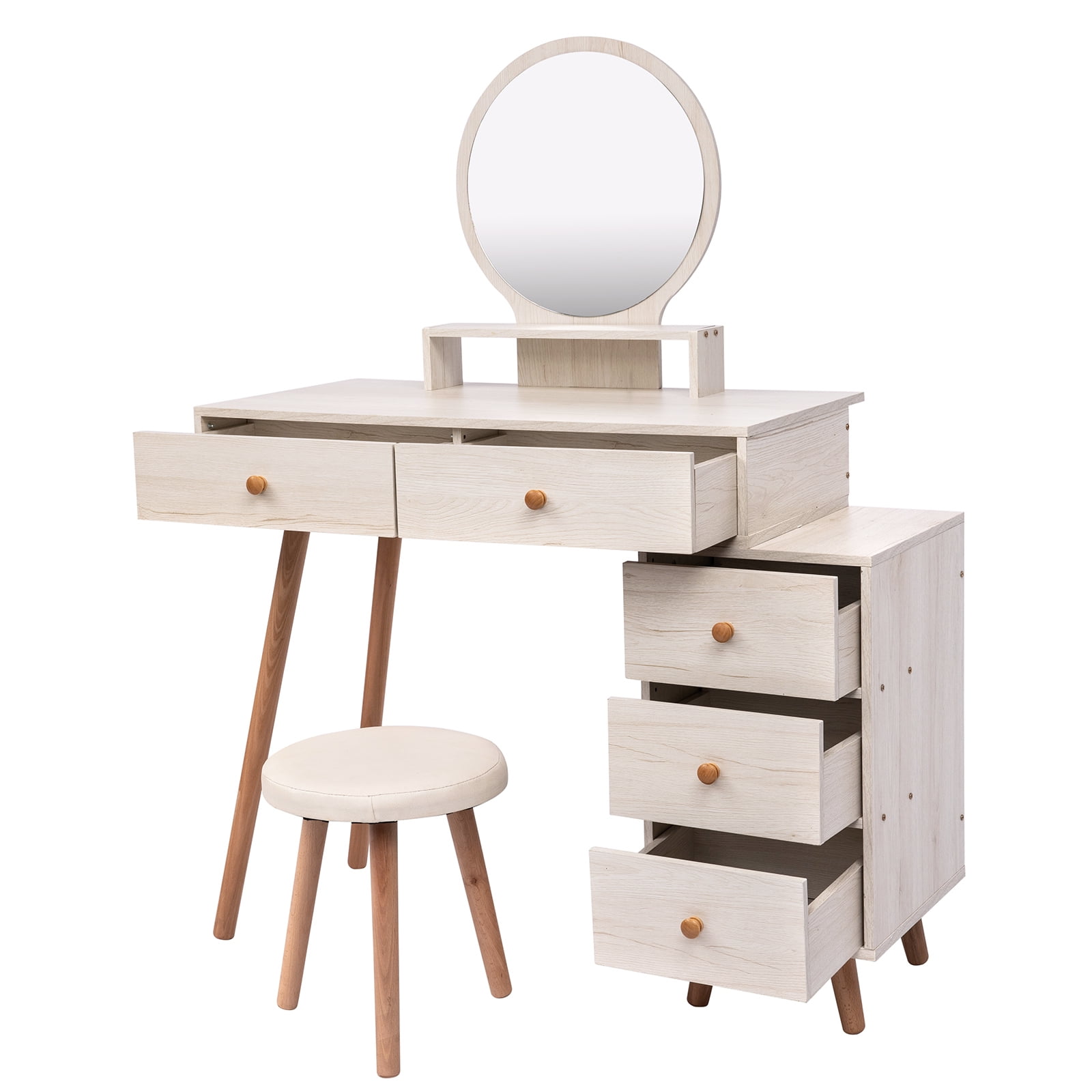 AENKYO Vanity Table Set with Stool, 5-Drawer Makeup Dresser, Modern Beauty Desk for Bedroom, Girls & Women, White Vanity with Stool - White