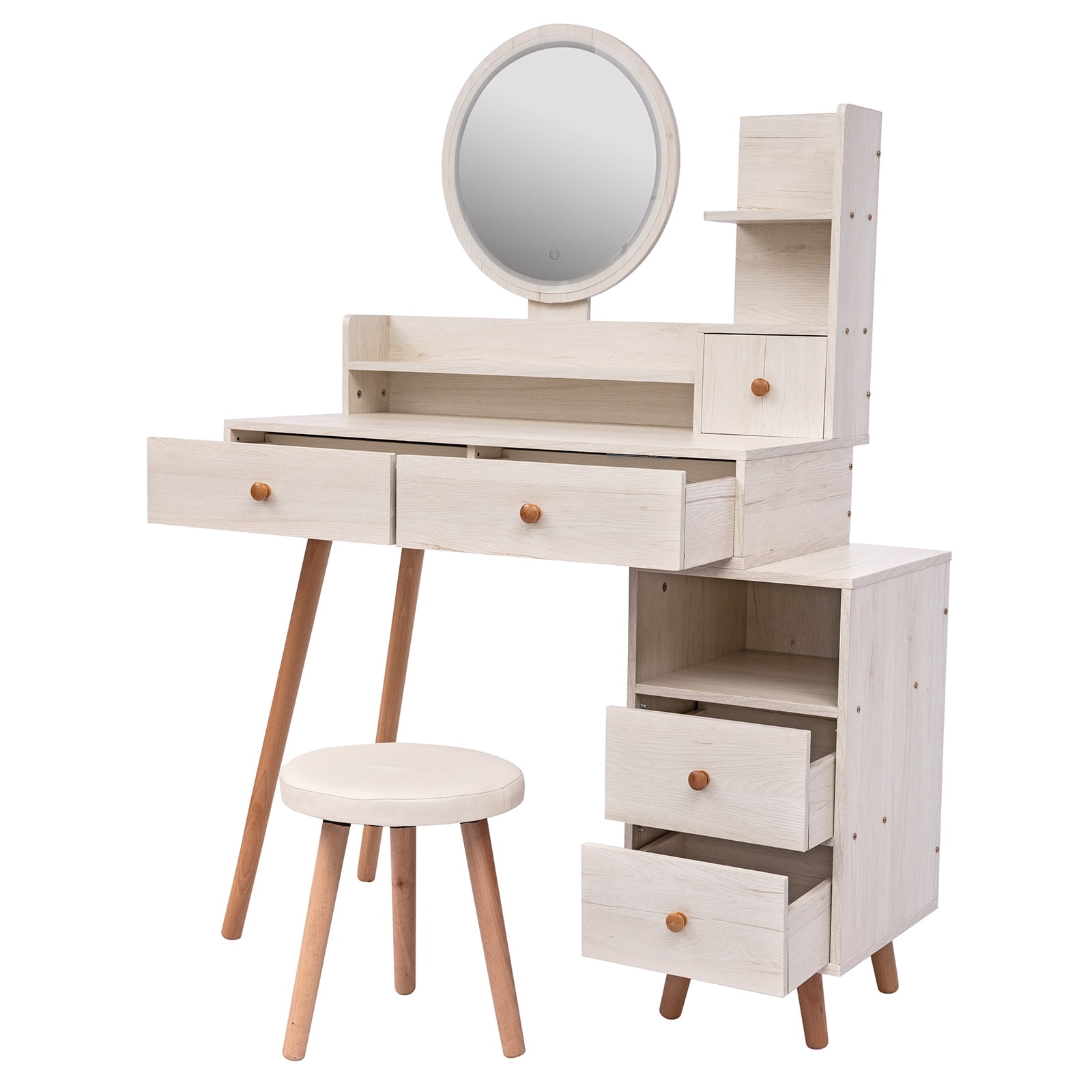 AENKYO Vanity Table Set with Touch LED Mirror & Stool, 5-Drawer Storage, Adjustable Makeup Desk for Girls & Women - White