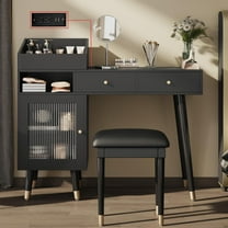 AENKYO Vanity Table with Charging Station and Stool, Makeup Desk with 2 Drawers for Bedroom, Home Office, Black