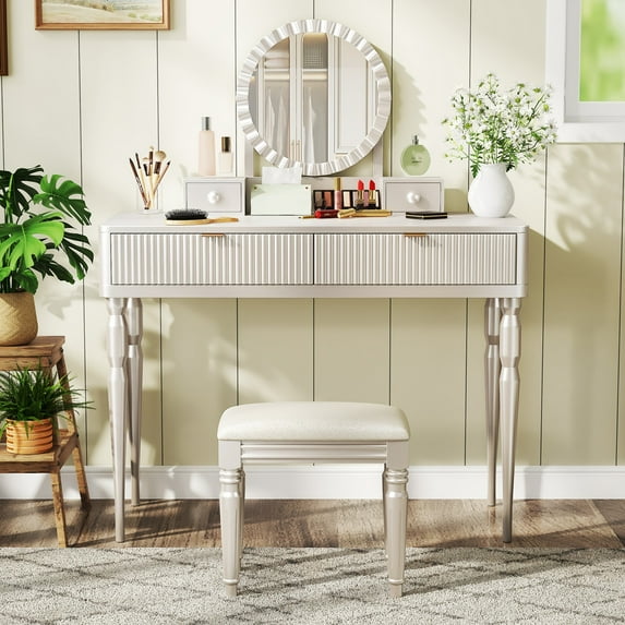 AENKYO Vanity Table with Stool & Adjustable Mirror, Vintage Modern Solid Wood Makeup Desk with 4-Drawer, Champagne