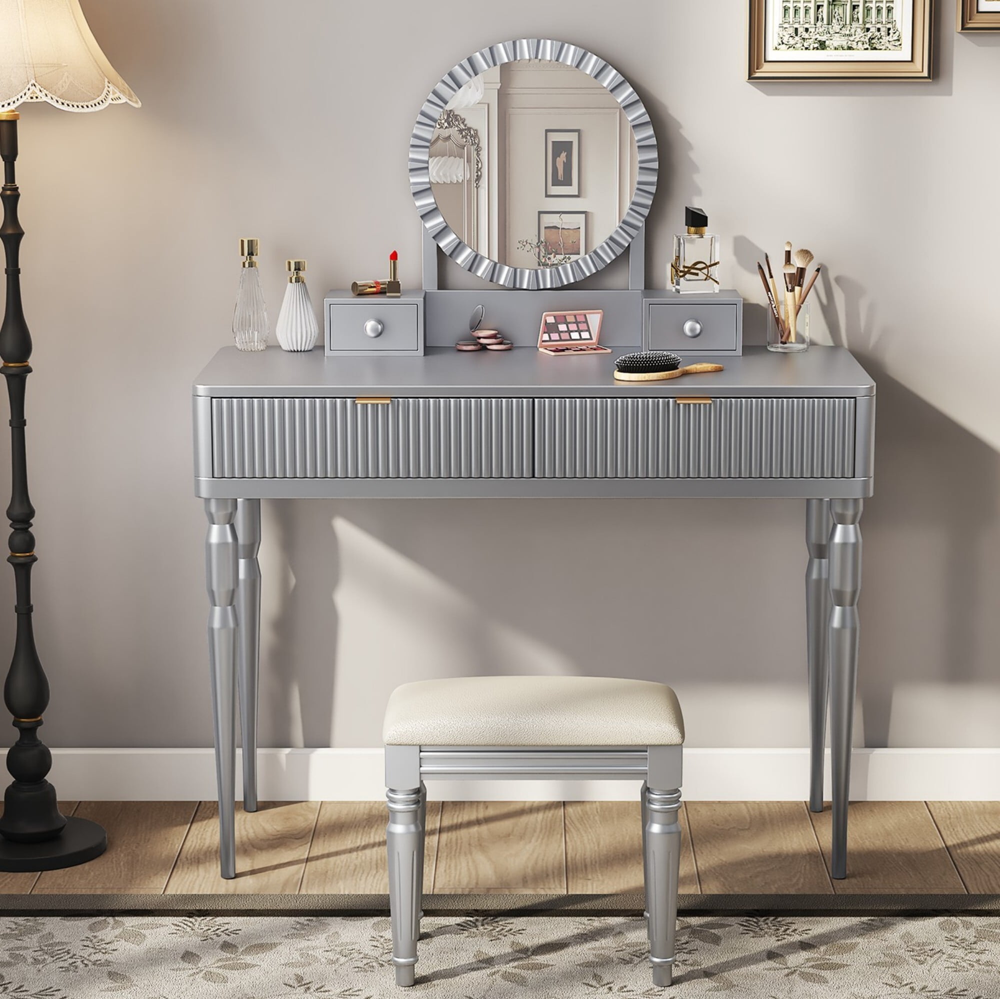 AENKYO Vanity Table with Stool & Adjustable Mirror, Vintage Modern Solid Wood Makeup Desk with 4-Drawer, Silver