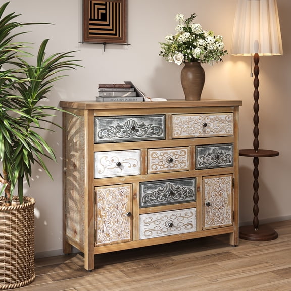 AENKYO Vintage 7-Drawer Cabinet, Bohemian Storage Dresser with Distressed Finish for Bedroom, Living Room & Entryway