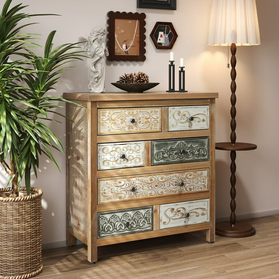 AENKYO Vintage 7-Drawer Dresser, Carved Wood Storage Chest, Distressed Finish for Bedroom & Living Room Farmhouse Decor