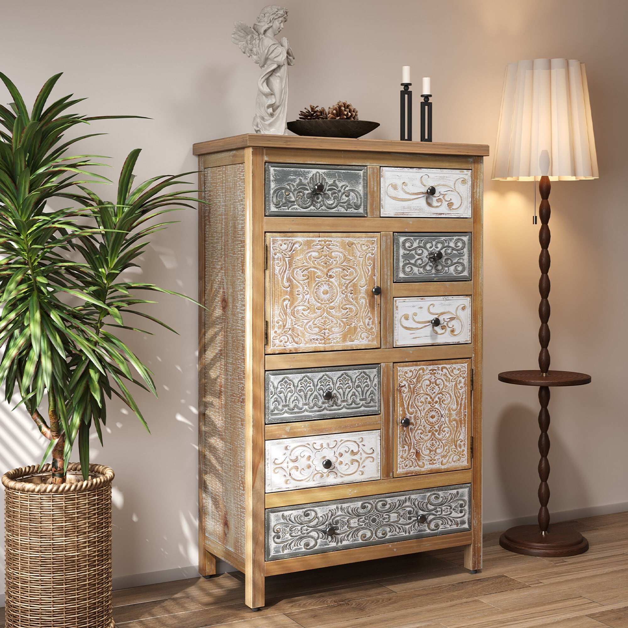 AENKYO Vintage 7-Drawer Tall Cabinet, Bohemian Storage Dresser with Distressed Finish for Bedroom, Living Room & Entryway