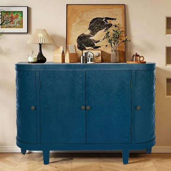 AENKYO Vintage Accent Cabinet with Carved Doors – Stylish Sideboard Buffet for Living Room & Entryway, Dark Blue