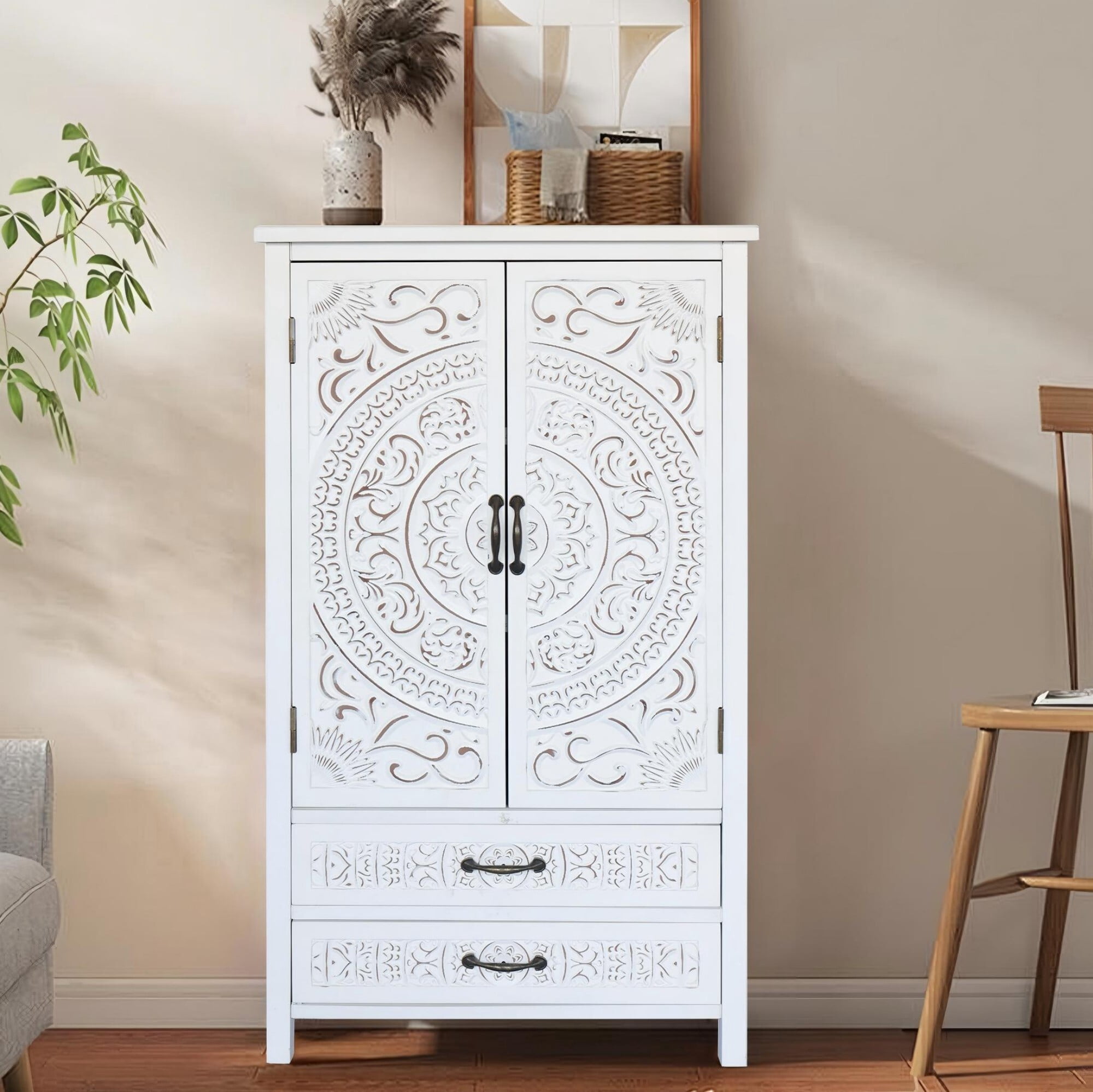 AENKYO Vintage Carved Wood Accent Cabinet with Storage, Decorative Sideboard Buffet for Living Room, Antique White