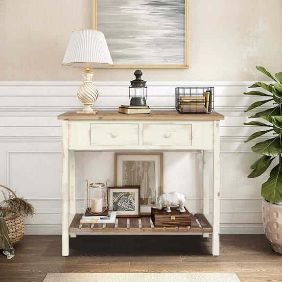 AENKYO Vintage Console Table with Drawers - Distressed Entryway Sofa Table with Storage Shelf, Antique White