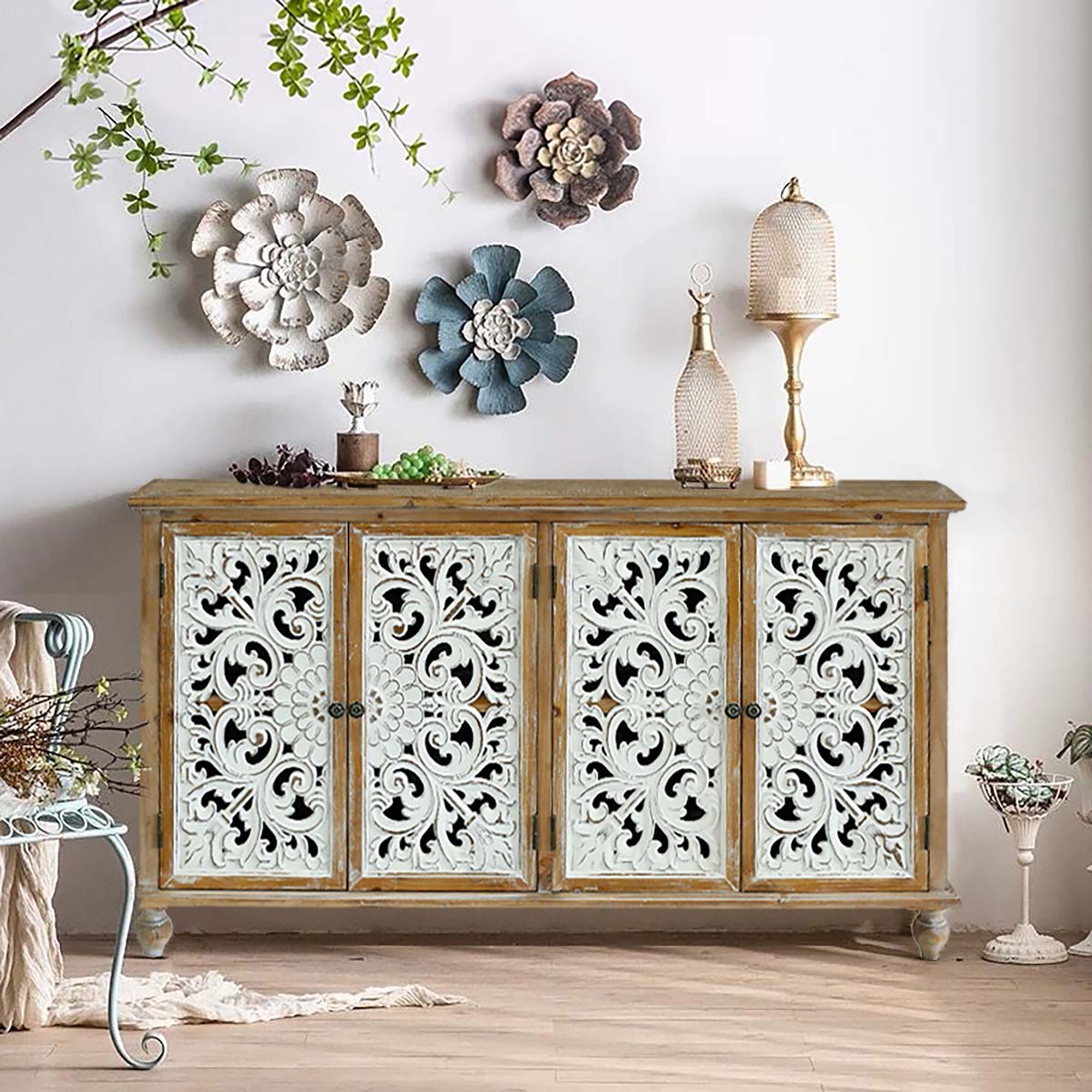 AENKYO Vintage Distressed Accent Cabinet Sideboard Buffet with Handmade Carved Doors and Adjustable Shelves, Natural Wood