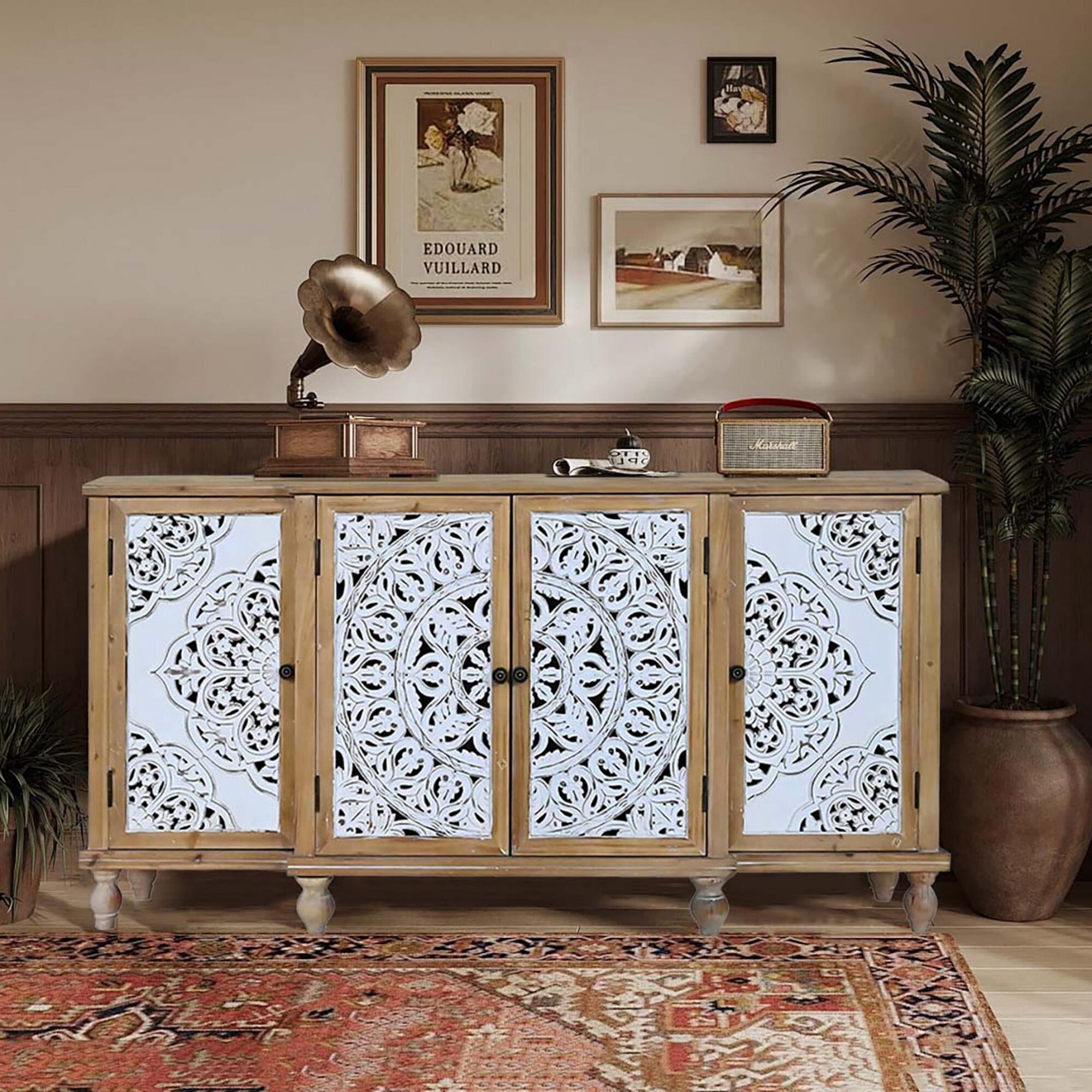 AENKYO Vintage Distressed Accent Cabinet Sideboard Buffet with Handmade Carved Doors and Adjustable Shelves, Natural