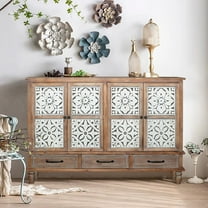 AENKYO Vintage Distressed Wood Sideboard Buffet Cabinet with Floral Carved Doors and Storage Drawers, Natural Finish