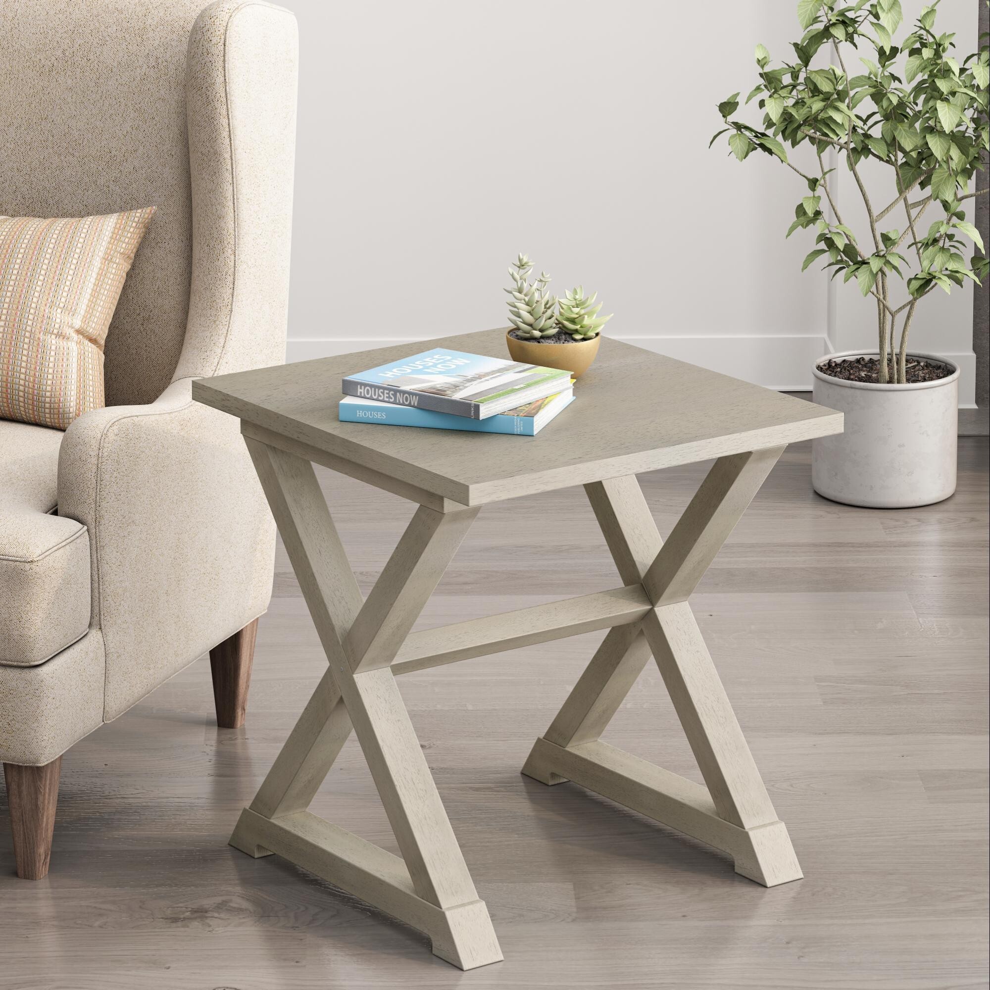 AENKYO Vintage End Table - Farmhouse Side Table with X-Shape Base & Large Top for Bedroom & Living Room, Antique Gray