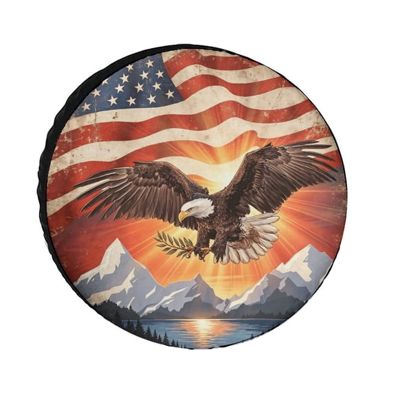AEOI Bald Eagle Flying Over Snow Mountain American Flag Spare Tire Cover, Patriotic USA Eagle Sunburst Wilderness Wheel Protector, Waterproof Dustproof Tire Cover for SUV RV Camper 14 Inch