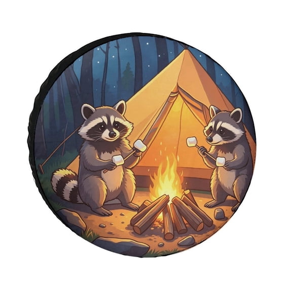 AEOI Cute Raccoons Roasting Marshmallows by Campfire Tent Spare Tire Cover, Night Forest Camping Wildlife RV Wheel Protector, Waterproof Dustproof Spare Tire Cover for SUV RV Camper 15 Inch