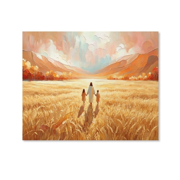 AEOI Jesus Holding Two Kids Hands Canvas Wall Art, Impasto Oil Painting Style Mountain Lake Scenery Christian Print, Inspirational Religious Faith Wall Decor for Room Church Unframe: 10x8in