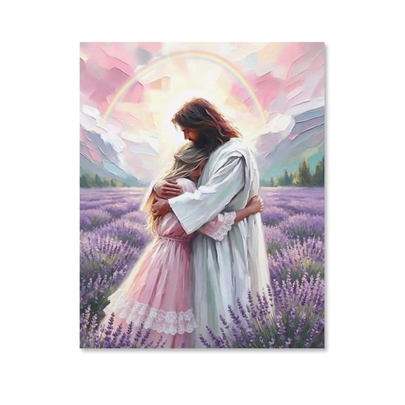 AEOI Jesus Embracing Girl in Lavender Field with Rainbow Pastel Mountain Print, Soft Warm Christian Faith Spiritual Decor for Bedroom Prayer Room Baptism Easter Gift Unframe: 08x10in