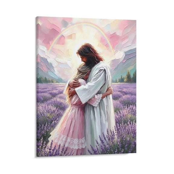 AEOI Jesus Embracing Girl in Lavender Field with Rainbow Pastel Mountain Print, Soft Warm Christian Faith Spiritual Decor for Bedroom Prayer Room Baptism Easter Gift Frame: 12x16in