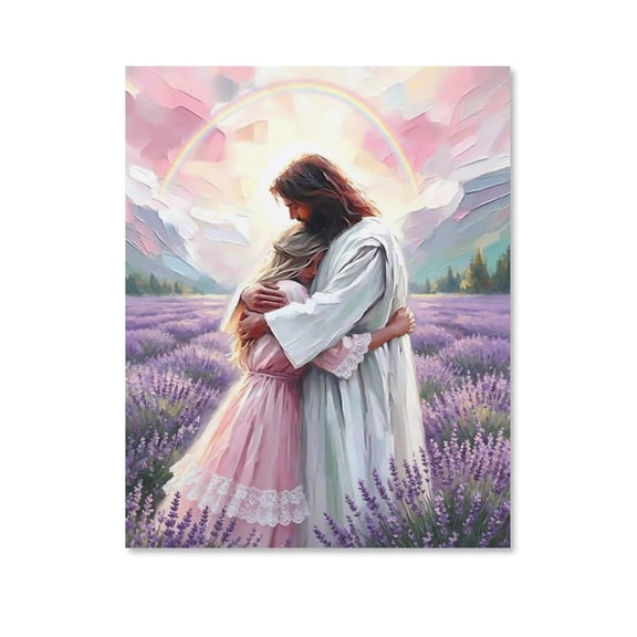 AEOI Jesus Embracing Girl in Lavender Field with Rainbow Pastel Mountain Print, Soft Warm Christian Faith Spiritual Decor for Bedroom Prayer Room Baptism Easter Gift Unframe: 08x10in