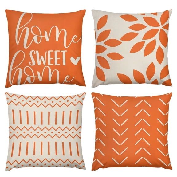 AEOI Set of 4 Fall Orange Home Sweet Home Throw Pillow Covers, Geometric Leaf Chevron Stripes Decorative Cushion Cases 16x16 Inch, Farmhouse Boho Autumn Sofa Couch Pillow Covers, No Pillow Insert
