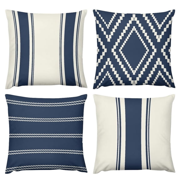 AEOI Set of 4 Navy Blue & Off White Geometric Striped Throw Pillow Covers, Farmhouse Tribal Chevron Line Decor Cushion Cases 16x16 Inch, Nautical Coastal Style Sofa Couch Pillow Covers, No Insert