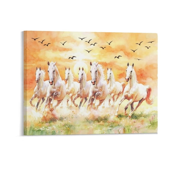 AEOI Seven Running White Horses Canvas Wall Art, Sunset Sky & Flying Birds Galloping Horse Oil Painting Print, Inspirational Steed Animal Wall Decor for Room Office Frame: 20x16in