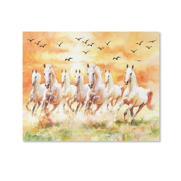 AEOI Seven Running White Wild Horses Sunset Meadow Wildflower Print, Auspicious Feng Shui Horse Landscape Decor for Living Room Entrance Office Business Housewarming Gift Unframe: 20x16in
