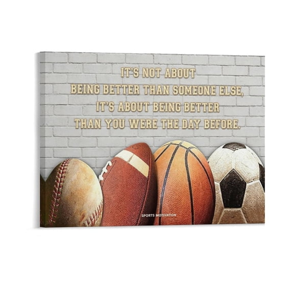 AEOI Vintage Sports Balls Inspirational Quote Canvas Wall Art, Baseball Football Basketball Soccer with Motivational Words Print, Retro Dark Wooden Background Sport Themed Wall Decor Frame: 20x16in