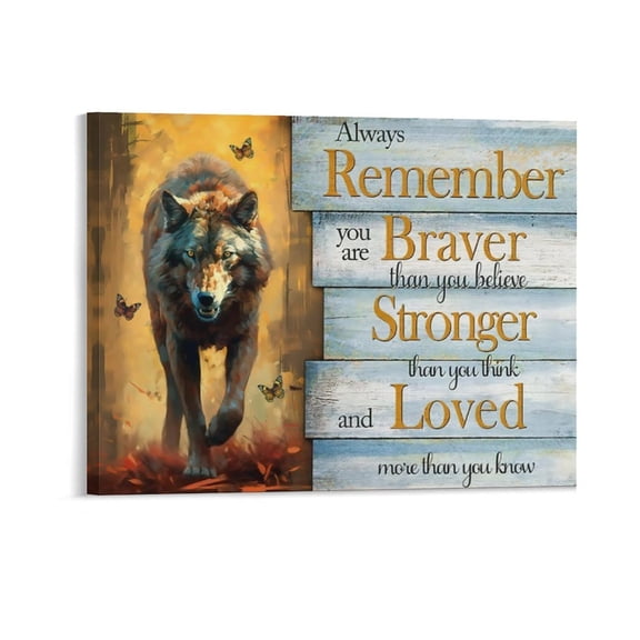 AEOI Wolf Inspirational Canvas Wall Art, Always Remember You Are Braver Than You Believe Quote Painting, Rustic Wooden Plank Design Wildlife Wolf Butterfly Artwork for Home Room Decor Frame: 16x12in