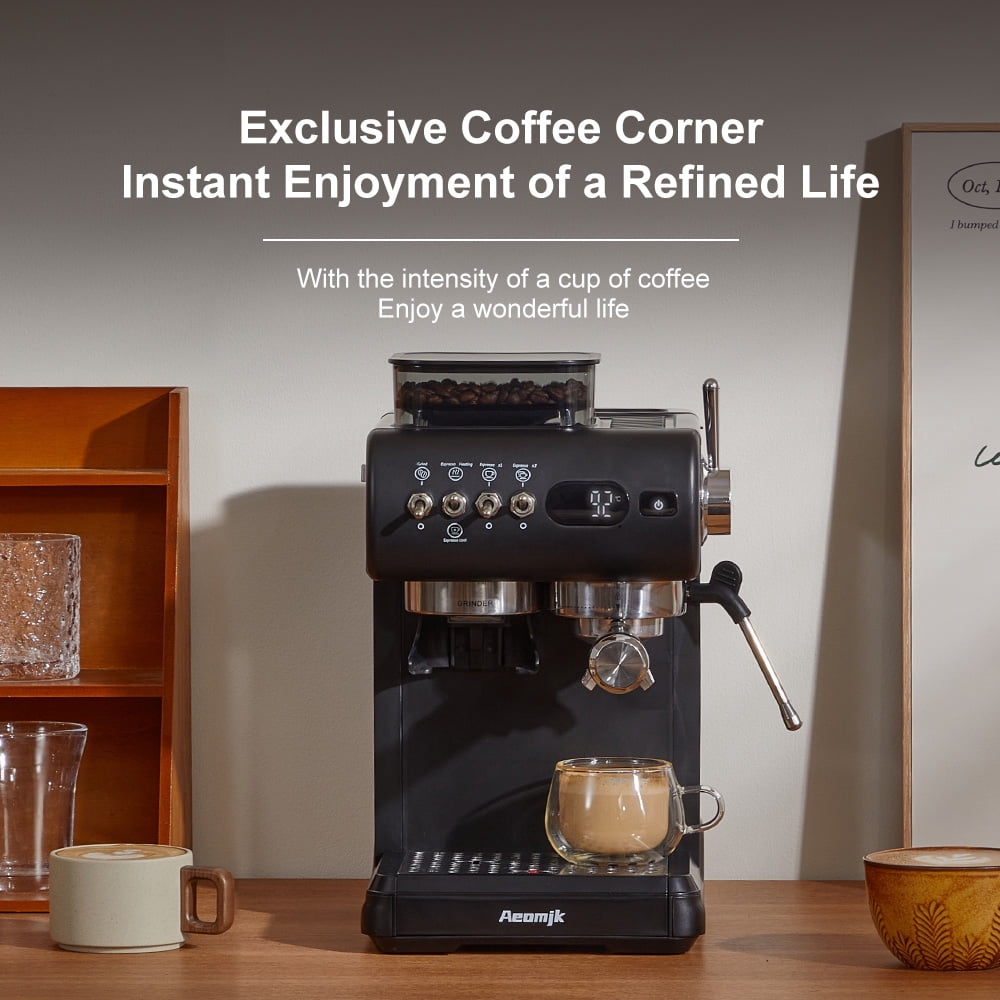AEOMJK espresso machine with built-in grinder, capable of making both cold and hot coffee, retro design with lever switch, 20BAR pressure for extraction, steam wand for frothing milk, 1.8L removable
