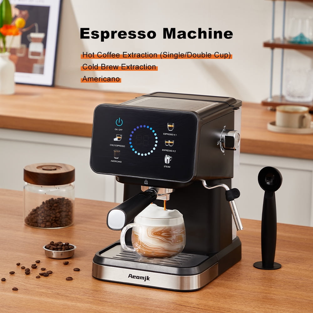AEOMJK espresso machine with touchscreen operation, 20BAR pressure, capable of making both cold and hot coffee, equipped with a steam wand for frothing