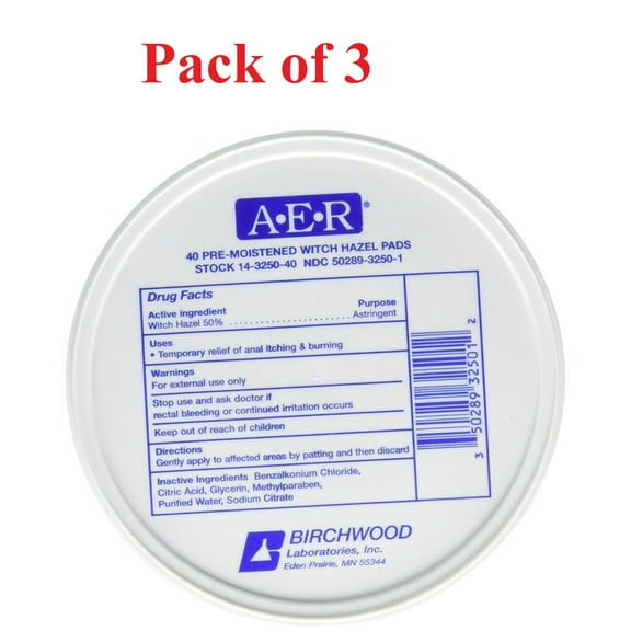 AER Pre-Moistened Witch Hazel Pads Relieves Itching & Burning, 40ct, 3-Pack