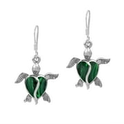 AERAVIDA Green Malachite Ocean Turtle .925 Sterling Silver Hoop Leverback Dangle Earrings - 19mmx35mm