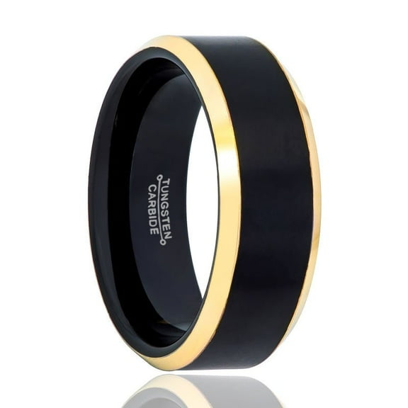 AERGLO | Black Tungsten Ring, Brushed, Gold Beveled