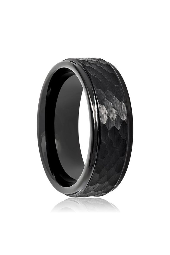 AEROBITS | Black Tungsten Ring, Hammered, Stepped Edge