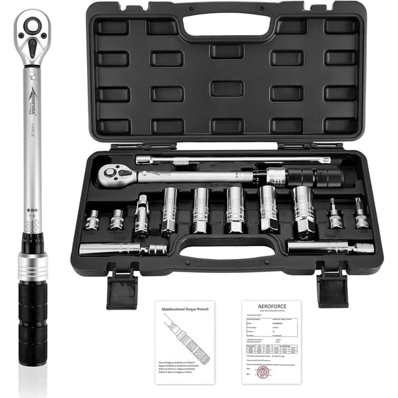 AEROFORCE 14PCS 3/8-Inch Drive Swivel Magnetic Spark Plug Socket Set with 3/8'' Torque Wrench (5-45 Lb.ft/6.8-61.2 Nm), Universal Joint & Extension Bar - Durable CR-V Steel for Easy Removal