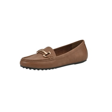 AEROSOLES Comfortable Women's Buckle Wide Loafer Shoe in Cognac