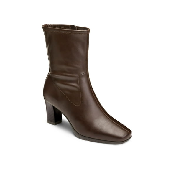 Womens Brown Padded Cinnamon Square Toe Stacked Heel Zip-Up Booties 7 M