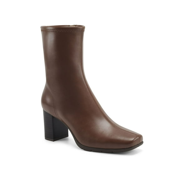 Womens Brown Stretch Comfort Miley Square Toe Block Heel Zip-Up Booties 6.5 M