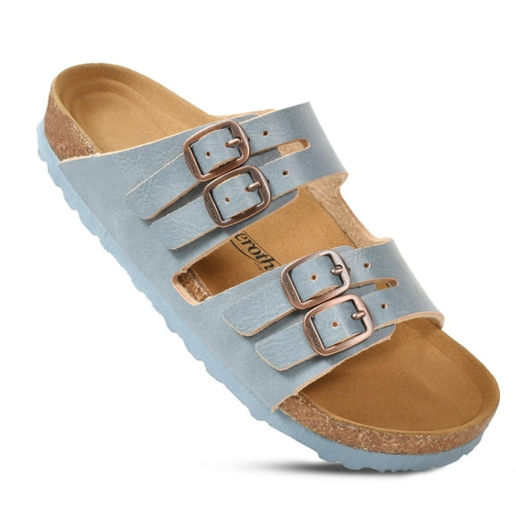AEROTHOTIC Arch Support Recovery Slides for Women Comfy Memory Foam Cork Footbed Double Straps with Adjustable Buckle Slip on Beach Dressy Outdoor Ladies Sandals