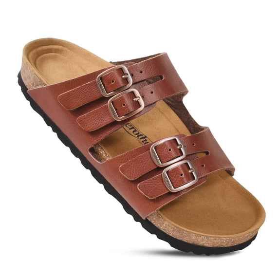 AEROTHOTIC Arch Support Recovery Slides for Women Comfy Memory Foam Cork Footbed Double Straps with Adjustable Buckle Slip on Beach Dressy Outdoor Ladies Sandals
