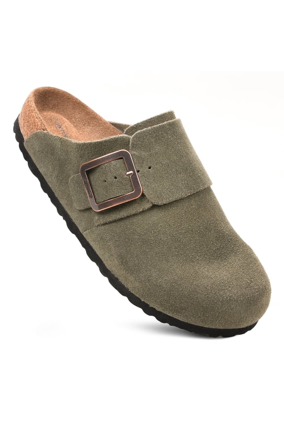 Atlas Genuine Leather Clogs for Women – Arch Support, Memory Foam Cork Footbed, Comfortable Slip-On Mules, Adjustable Buckle Potato Shoes for Indoor & Outdoor Wear
