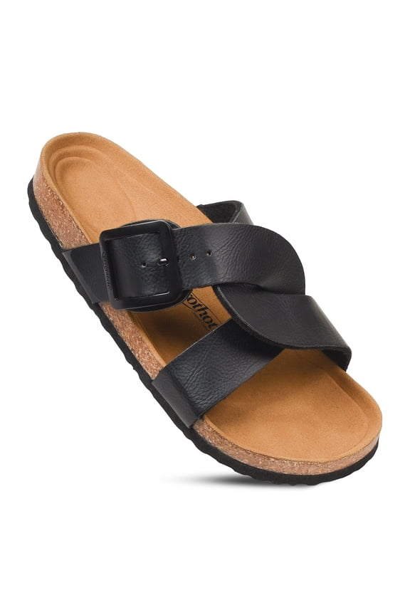 Cork Recovery Slides for Women with Plantar Fasciitis Relief Comfortable Suede Footbed with Adjustable Buckle Cross Strappy Slip on Casual Travel Walking Beach Ladies Sandals