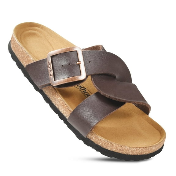 AEROTHOTIC Cork Recovery Slides for Women with Plantar Fasciitis Relief Comfortable Suede Footbed with Adjustable Buckle Cross Strappy Slip on Casual Travel Walking Beach Ladies Sandals