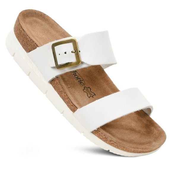 AEROTHOTIC Florence Women’s Genuine Leather Slide Sandals – Arch Support, Memory Foam Footbed, Adjustable Double Straps, Comfortable Cork Wedge Slip-On