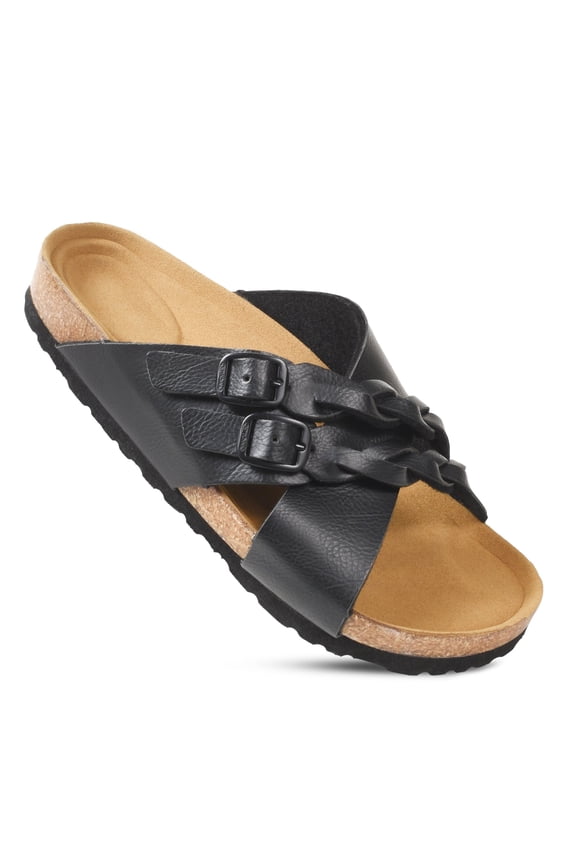 Womens Slides - Soft Cork Footbed Sandals Women - Comfortable Walking Slip-on Flat Sandals - Arch Support Recovery Adjustable Buckle Leather Braided Straps Slipper
