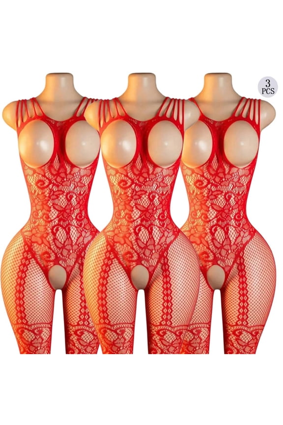Red Fishnet Lingerie for Women Sheer Open Type Bodysuit Mesh Bodystocking Seductive Chemise Nightdress One Size 3  Pcs