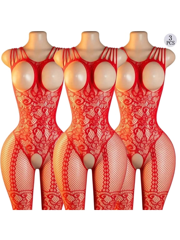 Red Fishnet Lingerie for Women Sheer Open Type Bodysuit Mesh Bodystocking Seductive Chemise Nightdress One Size 3 Pcs