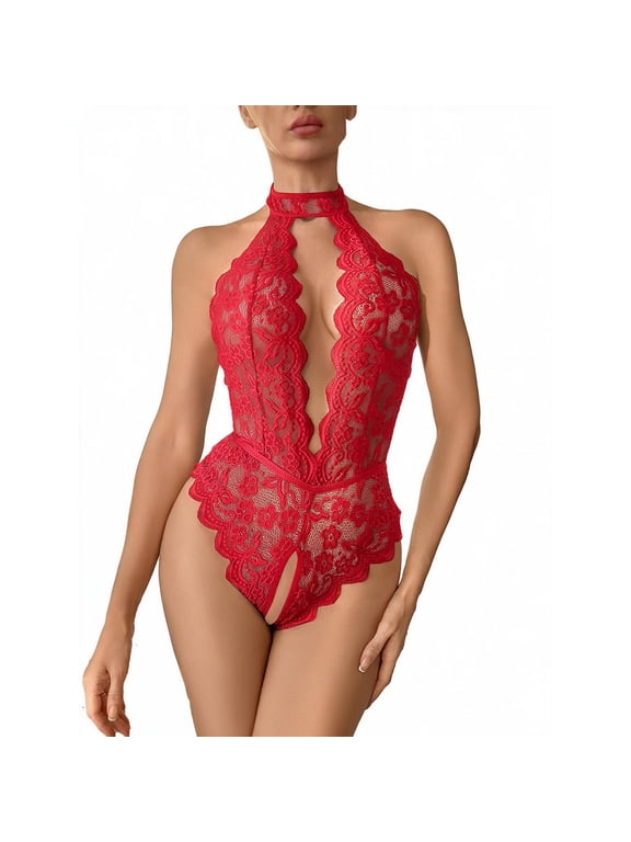One-piece Hanging Neck Deep V Bodysuit Lingerie Sleeveless Transparent Thin Teddy Doll Women's Clothing Red-M