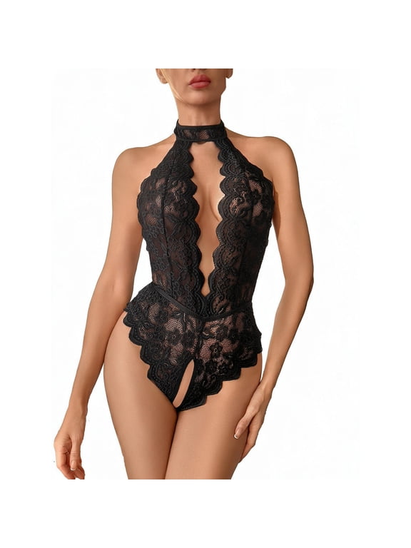 One-piece Hanging Neck Deep V Bodysuit Lingerie Sleeveless Transparent Thin Teddy Doll Women's Clothing Black-L