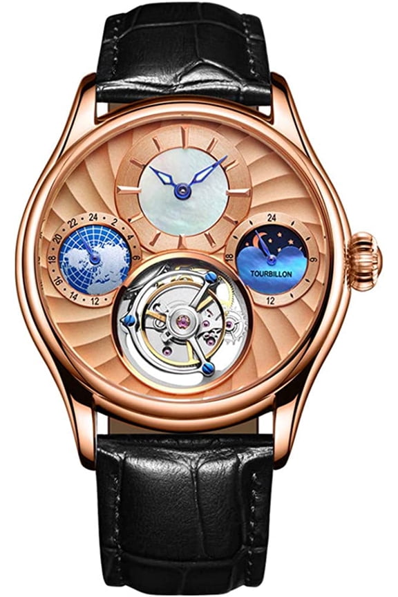 Analog Manual Winding Mechanical Wrist Watch Men's Stainless Steel and Leather Sapphire Male Skeleton Tourbillon Moon Phase Clock Waterproof Luminous